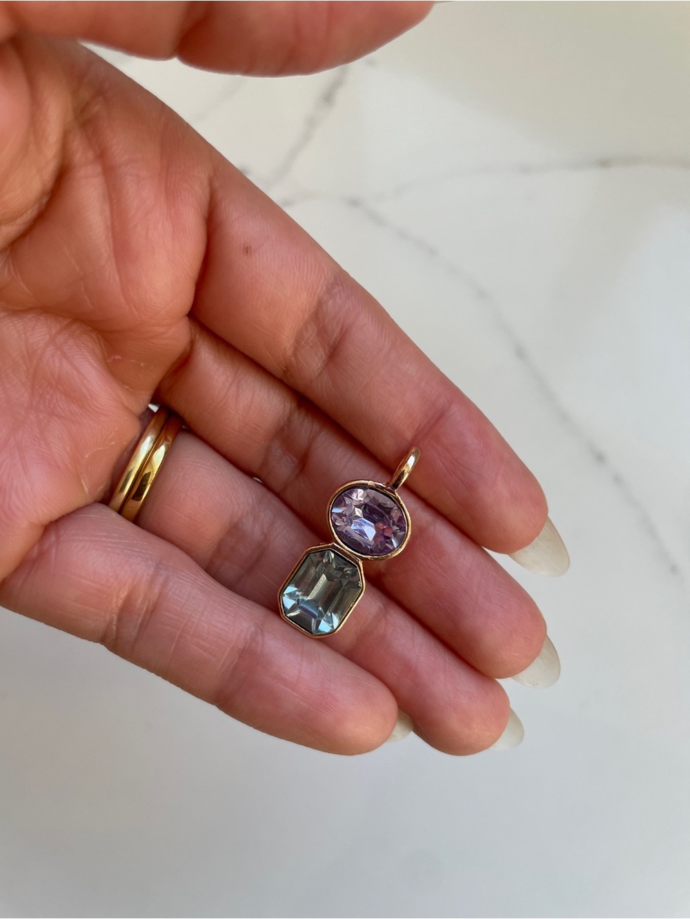 Vintage-Style Purple & Light Blue Glass Resin Two-Stone Pendant, Gold Plated